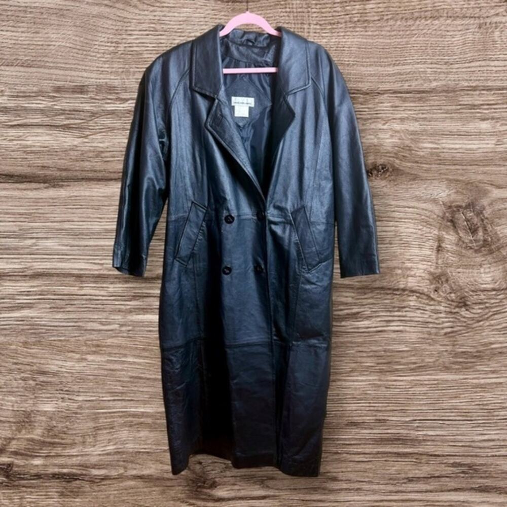 Vintage David Benjamin black leather trench/duster coat. Size 14.